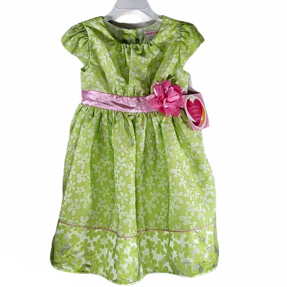 Girls Fancy Floral Dress Size 5 Youngland Bright Green Pink Ribbon Flower NEW - Picture 1 of 9